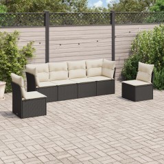 6 pcs conjunto sofás de jardim c/ almofadões vime PE preto