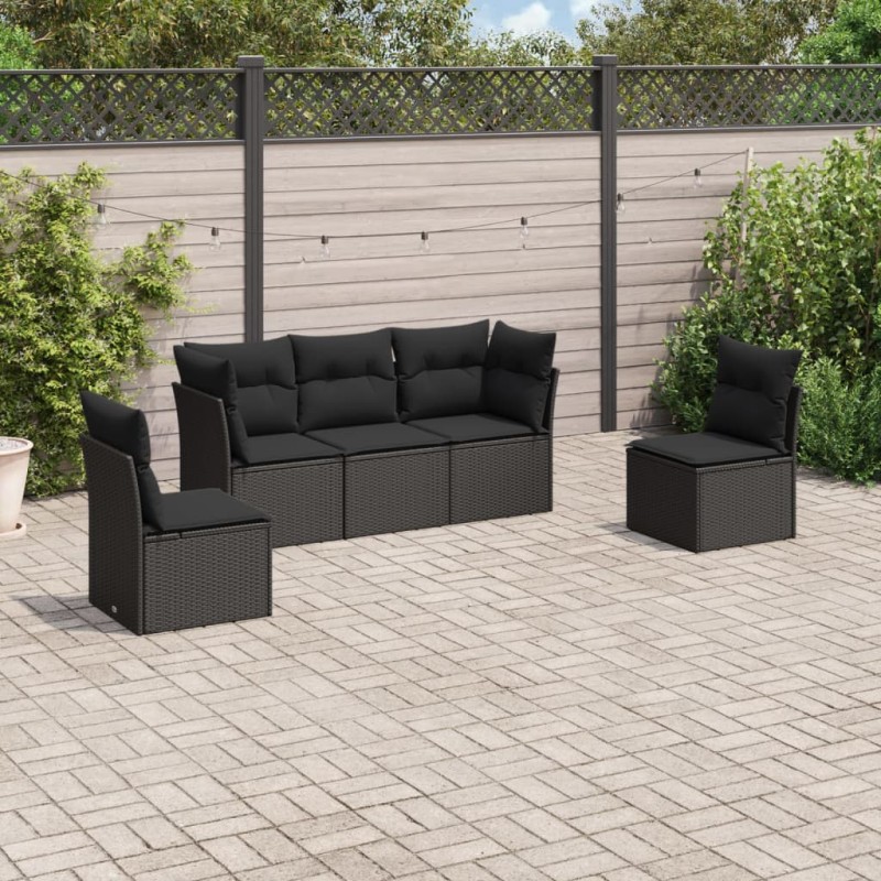 5 pcs conjunto sofás de jardim com almofadões vime PE preto-Conjuntos de jardim-Home Retail