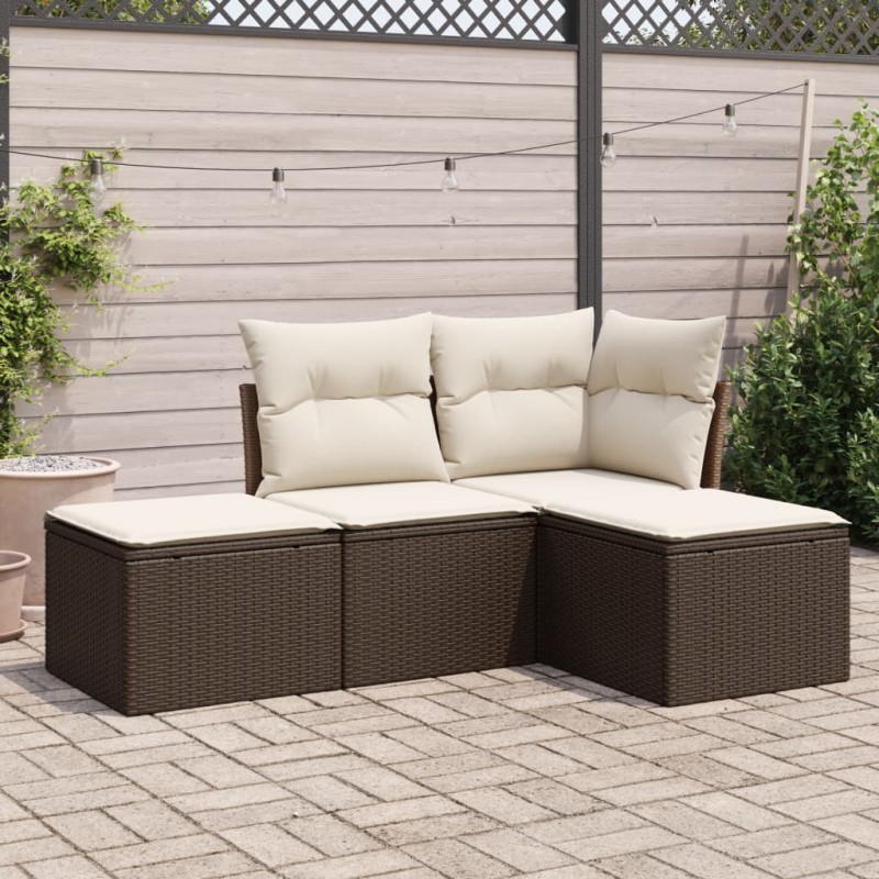 4 pcs conjunto sofás de jardim c/ almofadões vime PE castanho-Conjuntos de jardim-Home Retail