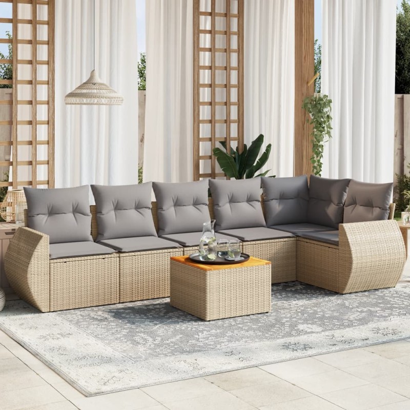 7 pcs conjunto de sofás p/ jardim com almofadões vime PE bege-Conjuntos de jardim-Home Retail