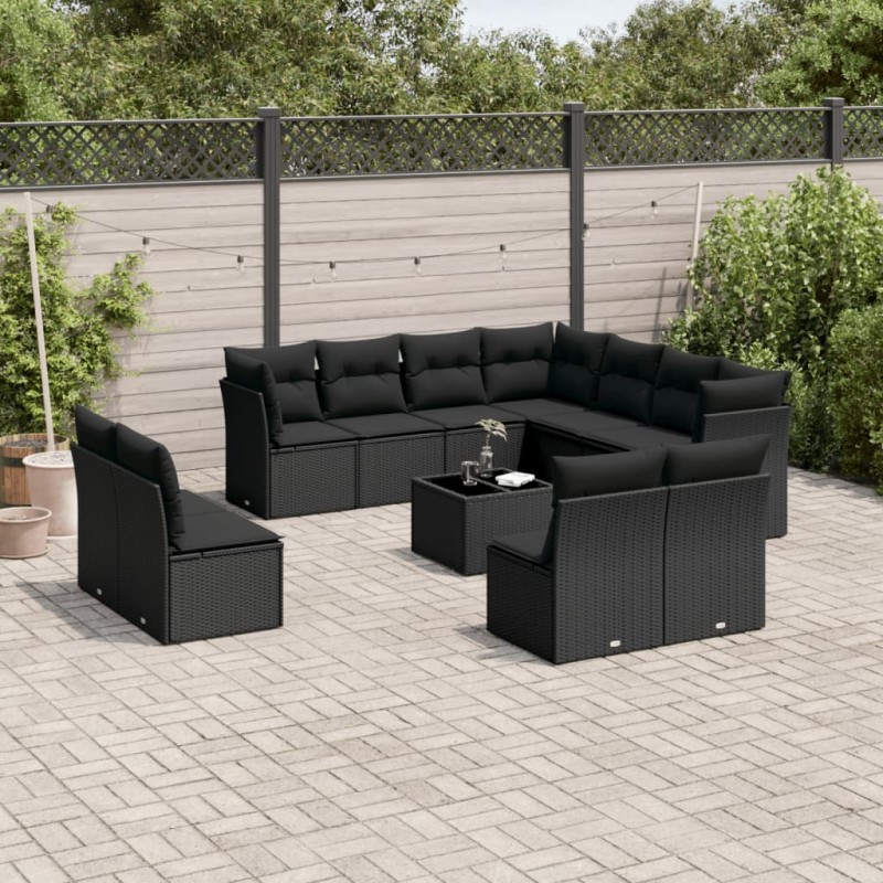 12 pcs conjunto de sofás de jardim c/ almofadões vime PE preto-Conjuntos de jardim-Home Retail