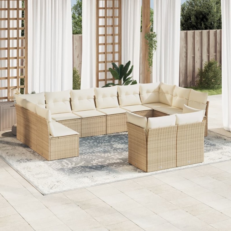 12 pcs conjunto de sofás p/ jardim com almofadões vime PE bege-Conjuntos de jardim-Home Retail