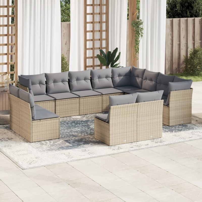 12 pcs conjunto de sofás p/ jardim com almofadões vime PE bege-Conjuntos de jardim-Home Retail