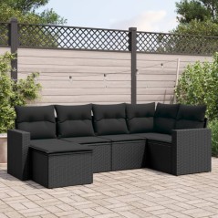 6 pcs conjunto sofás de jardim c/ almofadões vime PE preto