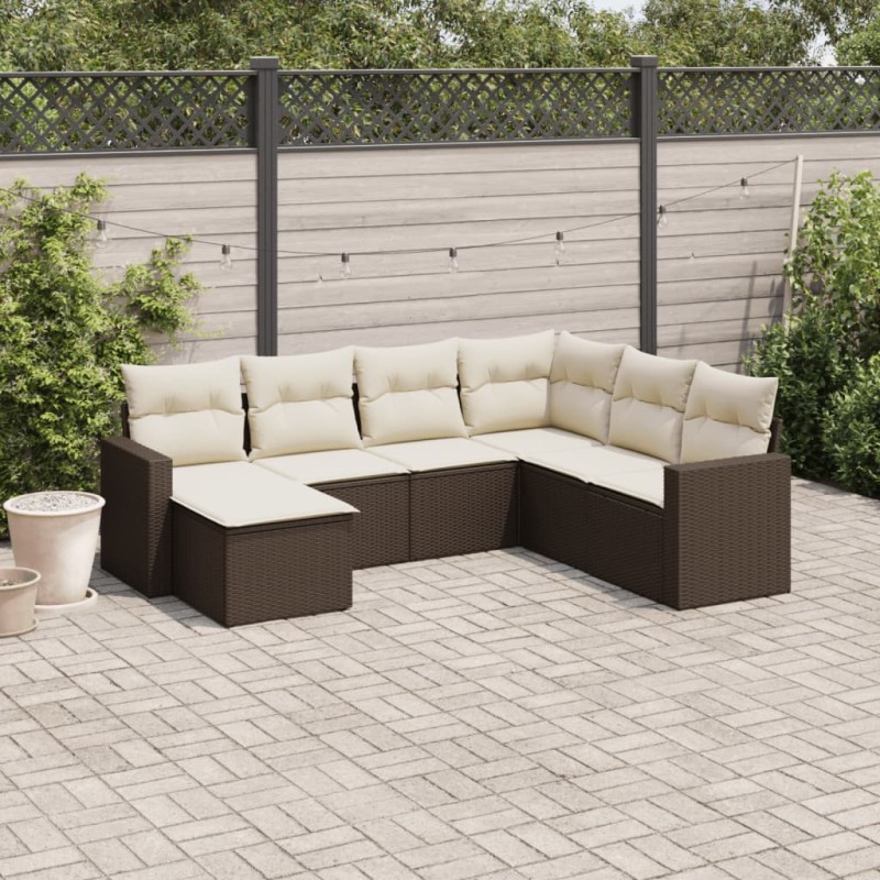 7 pcs conjunto de sofás jardim c/ almofadões vime PE castanho-Unidades de sofá com módulos externos-Home Retail