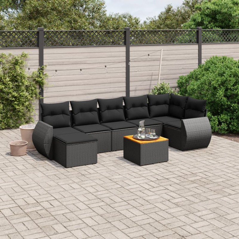 8 pcs conjunto sofás de jardim com almofadões vime PE preto-Conjuntos de jardim-Home Retail