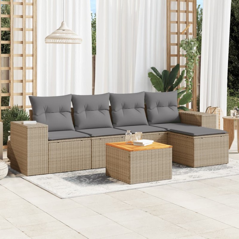 6 pcs conjunto de sofás p/ jardim com almofadões vime PE bege-Conjuntos de jardim-Home Retail