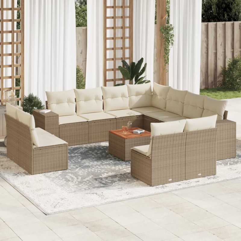 12 pcs conjunto de sofás p/ jardim com almofadões vime PE bege-Conjuntos de jardim-Home Retail