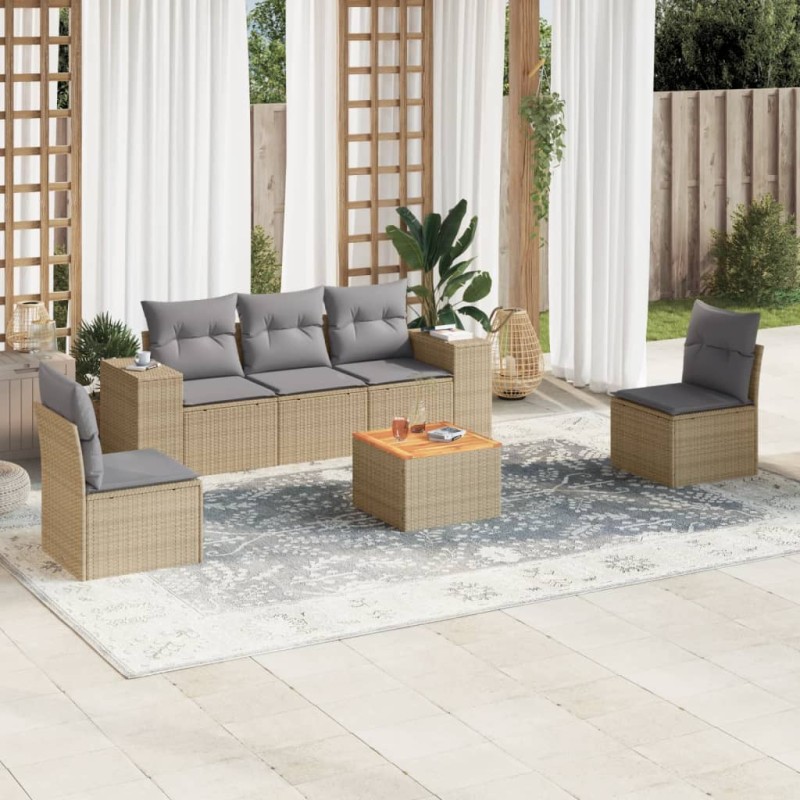 6 pcs conjunto de sofás p/ jardim com almofadões vime PE bege-Conjuntos de jardim-Home Retail