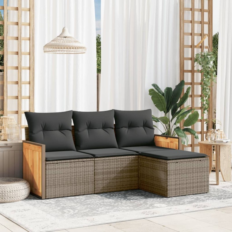 4 pcs conjunto sofás de jardim c/ almofadões vime PE cinzento-Conjuntos de jardim-Home Retail