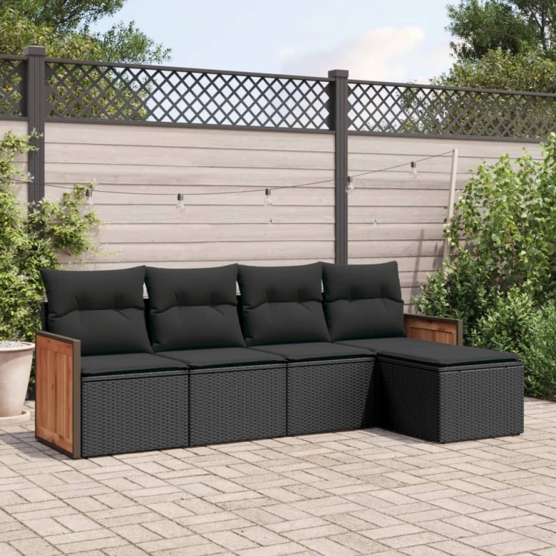 5 pcs conjunto sofás de jardim com almofadões vime PE preto-Conjuntos de jardim-Home Retail