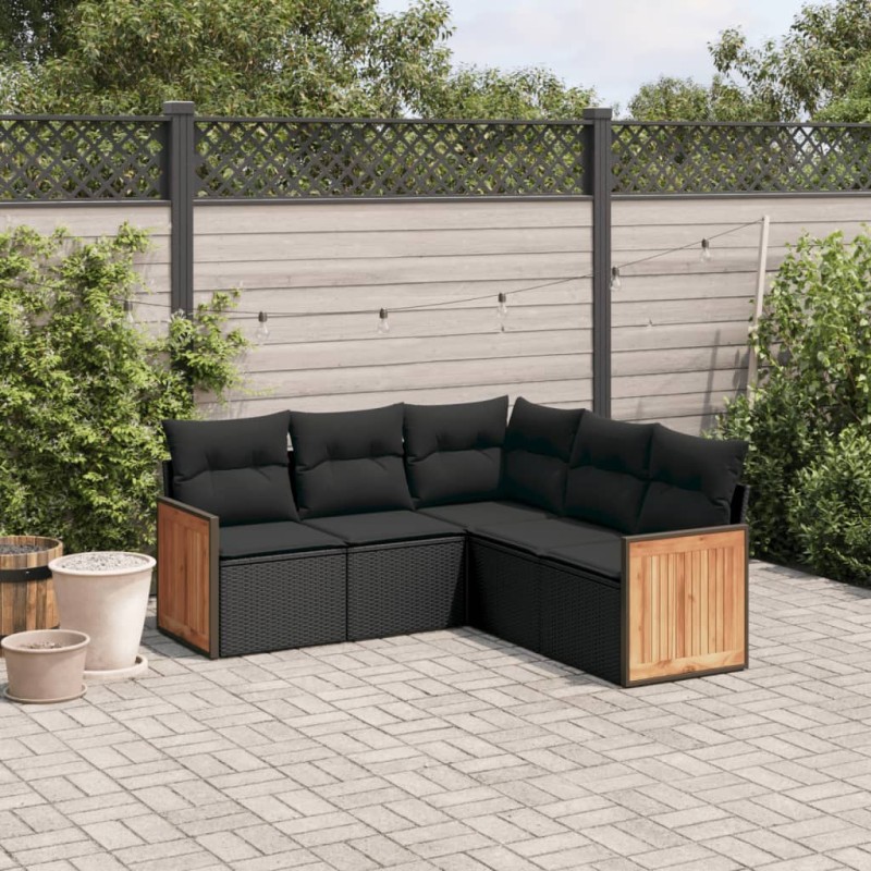 5 pcs conjunto sofás de jardim com almofadões vime PE preto-Conjuntos de jardim-Home Retail