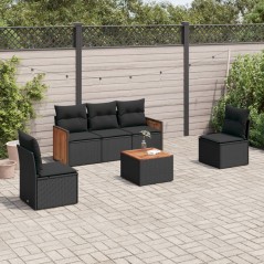 6 pcs conjunto sofás de jardim c/ almofadões vime PE preto