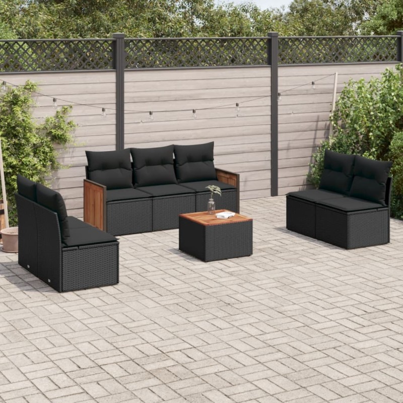 8 pcs conjunto sofás de jardim com almofadões vime PE preto-Conjuntos de jardim-Home Retail