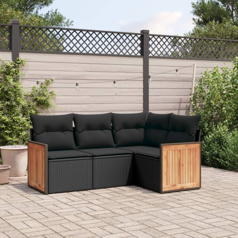 4 pcs conjunto de sofás para jardim c/ almofadões vime PE preto-Conjuntos de jardim-Home Retail