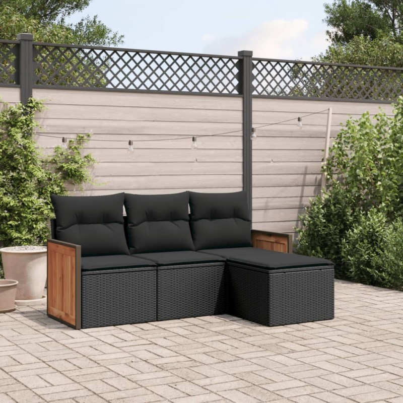 4 pcs conjunto de sofás para jardim c/ almofadões vime PE preto-Conjuntos de jardim-Home Retail