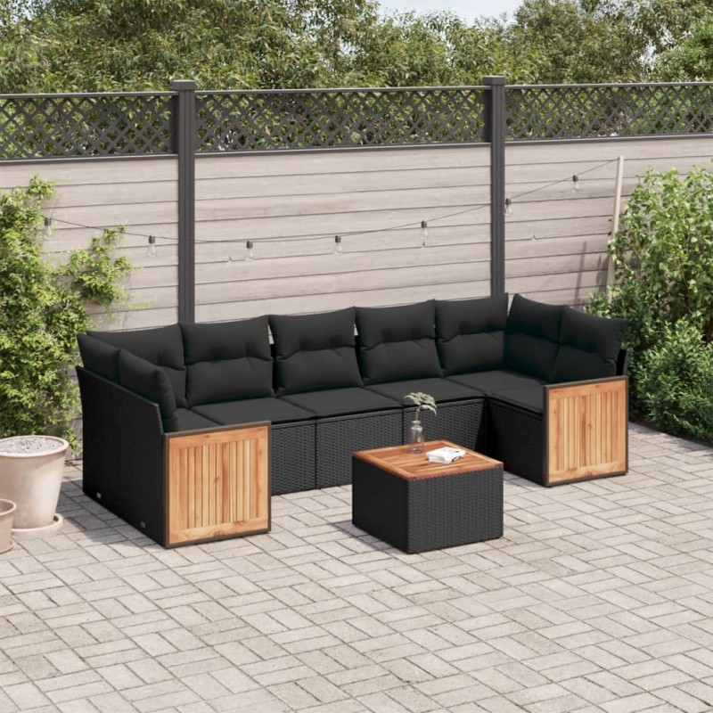 8 pcs conjunto sofás de jardim com almofadões vime PE preto-Conjuntos de jardim-Home Retail