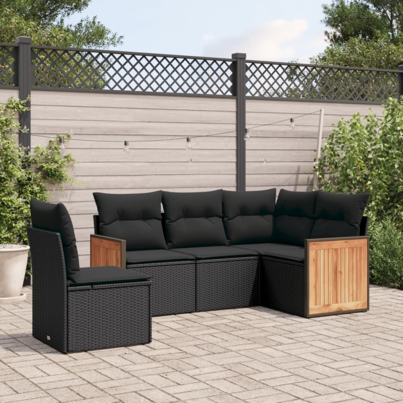 5 pcs conjunto sofás de jardim com almofadões vime PE preto-Conjuntos de jardim-Home Retail