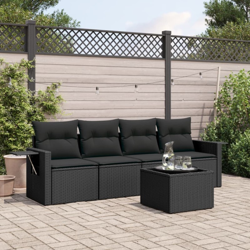 5 pcs conjunto sofás de jardim com almofadões vime PE preto-Conjuntos de jardim-Home Retail