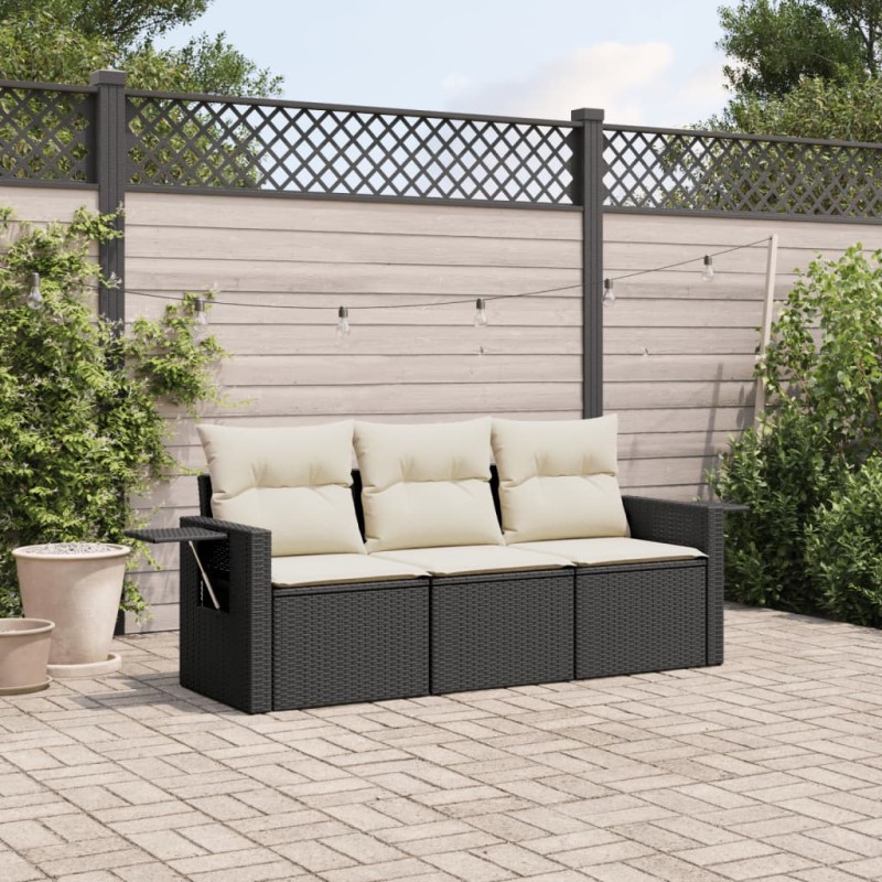 3 pcs conjunto sofás de jardim com almofadões vime PE preto-Conjuntos de jardim-Home Retail