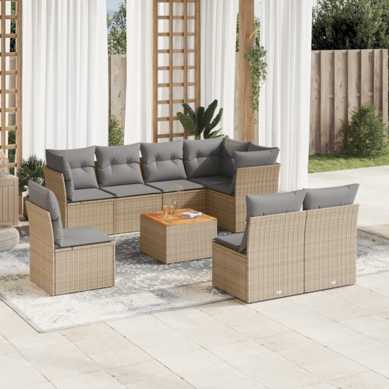 9 pcs conjunto de sofás p/ jardim com almofadões vime PE bege-Conjuntos de jardim-Home Retail