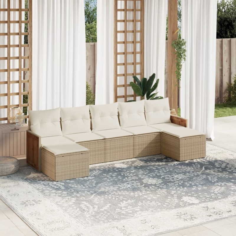 7 pcs conjunto de sofás p/ jardim com almofadões vime PE bege-Conjuntos de jardim-Home Retail