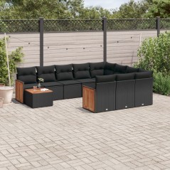 11 pcs conjunto sofás de jardim c/ almofadões vime PE preto