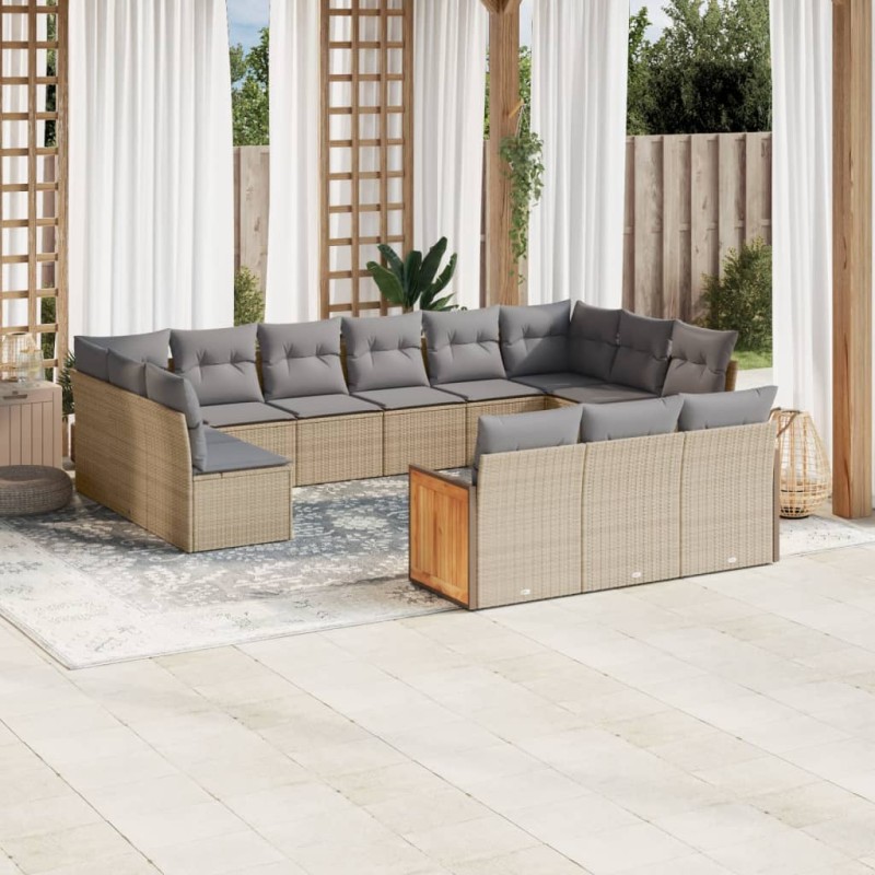 13 pcs conjunto de sofás p/ jardim com almofadões vime PE bege-Conjuntos de jardim-Home Retail