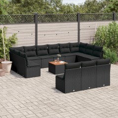 14 pcs conjunto de sofás p/ jardim c/ almofadões vime PE preto