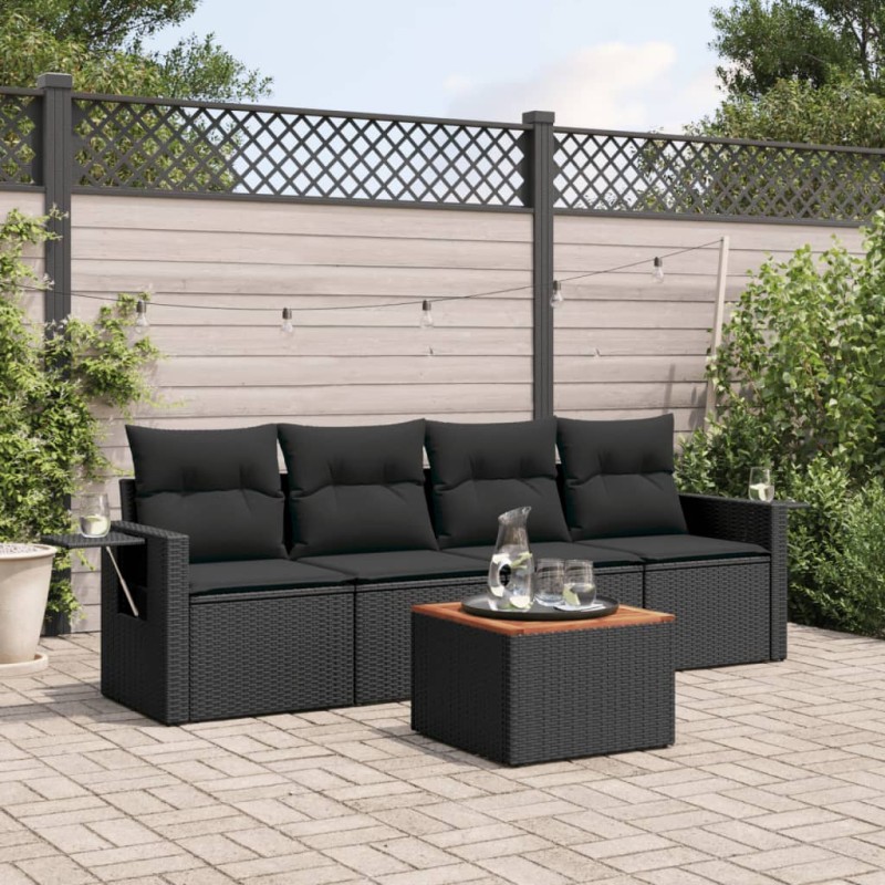 5 pcs conjunto sofás de jardim com almofadões vime PE preto-Conjuntos de jardim-Home Retail