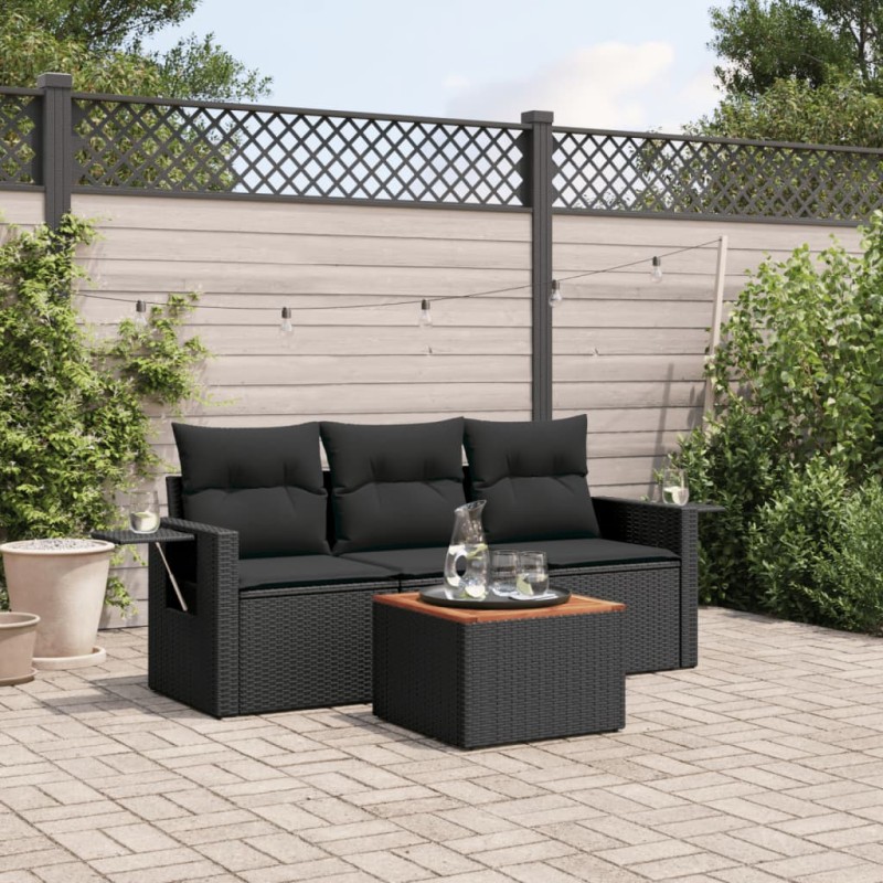 4 pcs conjunto de sofás para jardim c/ almofadões vime PE preto-Conjuntos de jardim-Home Retail