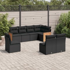 8 pcs conjunto sofás de jardim com almofadões vime PE preto