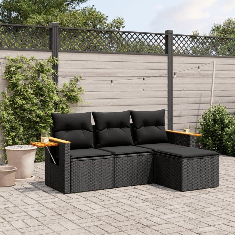 4 pcs conjunto de sofás para jardim c/ almofadões vime PE preto-Conjuntos de jardim-Home Retail