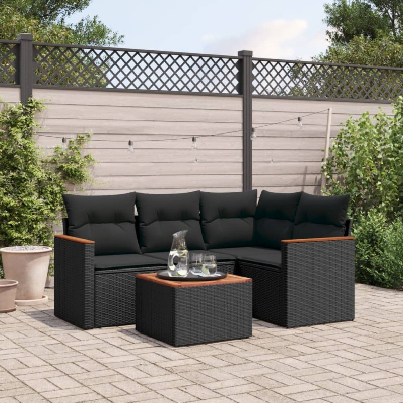 5 pcs conjunto sofás de jardim com almofadões vime PE preto-Conjuntos de jardim-Home Retail