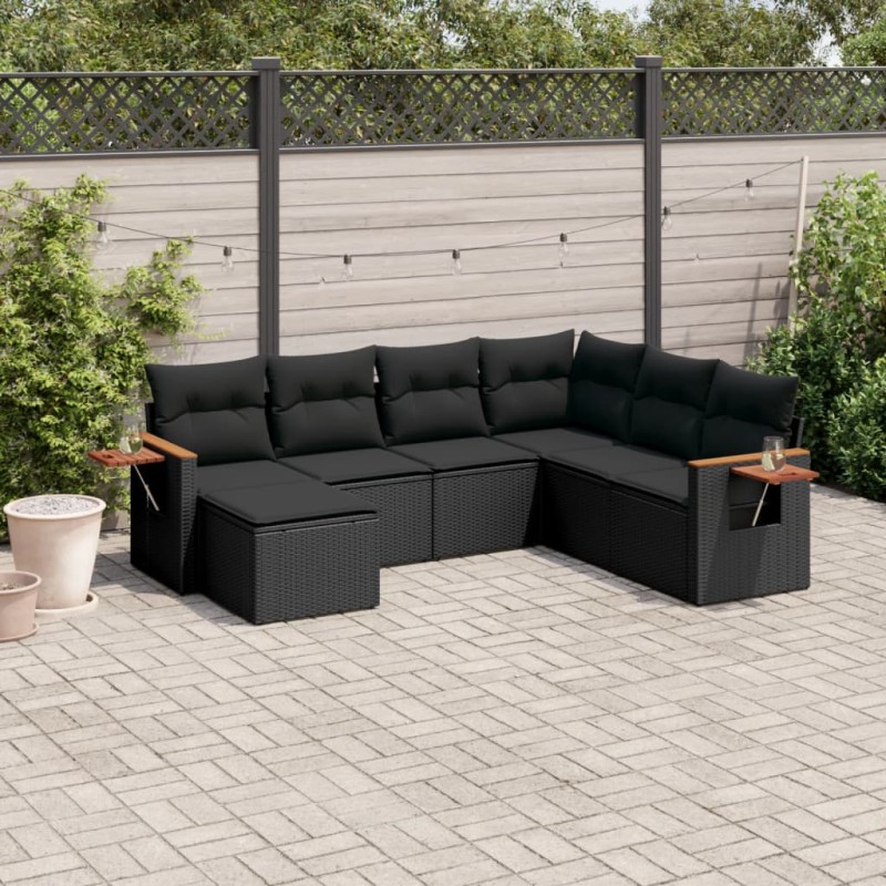 7 pcs conjunto de sofás p/ jardim c/ almofadões vime PE preto-Conjuntos de jardim-Home Retail