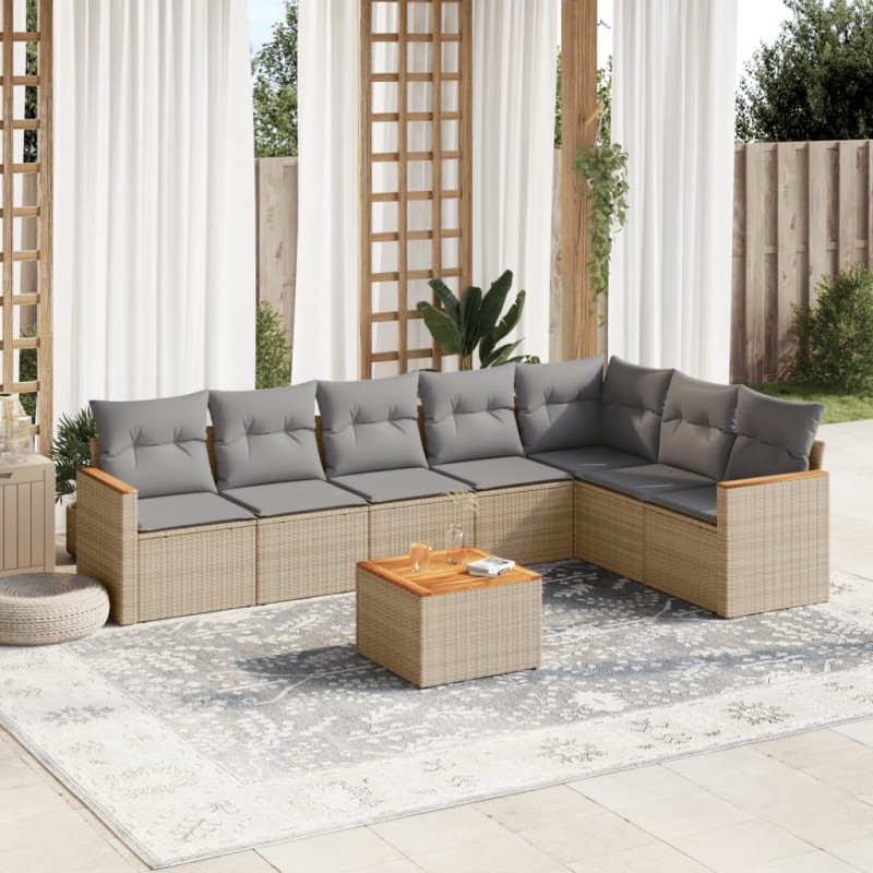 8 pcs conjunto de sofás p/ jardim com almofadões vime PE bege-Conjuntos de jardim-Home Retail