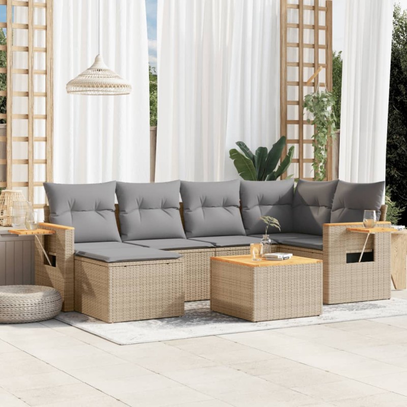 7 pcs conjunto de sofás p/ jardim com almofadões vime PE bege-Conjuntos de jardim-Home Retail