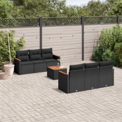 7 pcs conjunto de sofás p/ jardim c/ almofadões vime PE preto