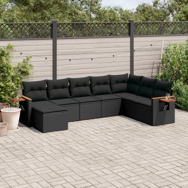 8 pcs conjunto sofás de jardim com almofadões vime PE preto-Conjuntos de jardim-Home Retail