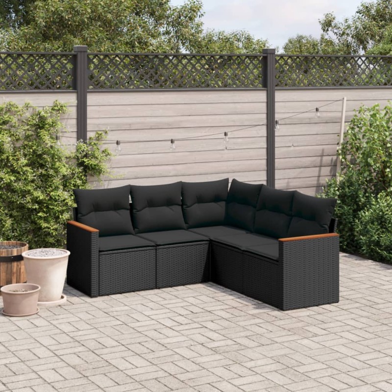 5 pcs conjunto sofás de jardim com almofadões vime PE preto-Conjuntos de jardim-Home Retail