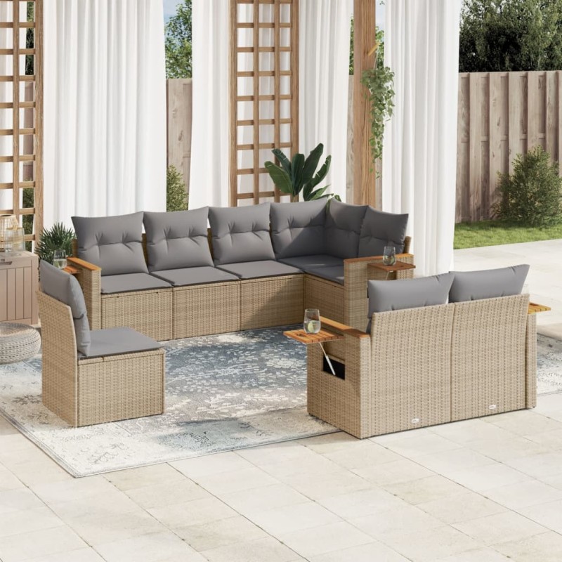 8 pcs conjunto de sofás p/ jardim com almofadões vime PE bege-Conjuntos de jardim-Home Retail