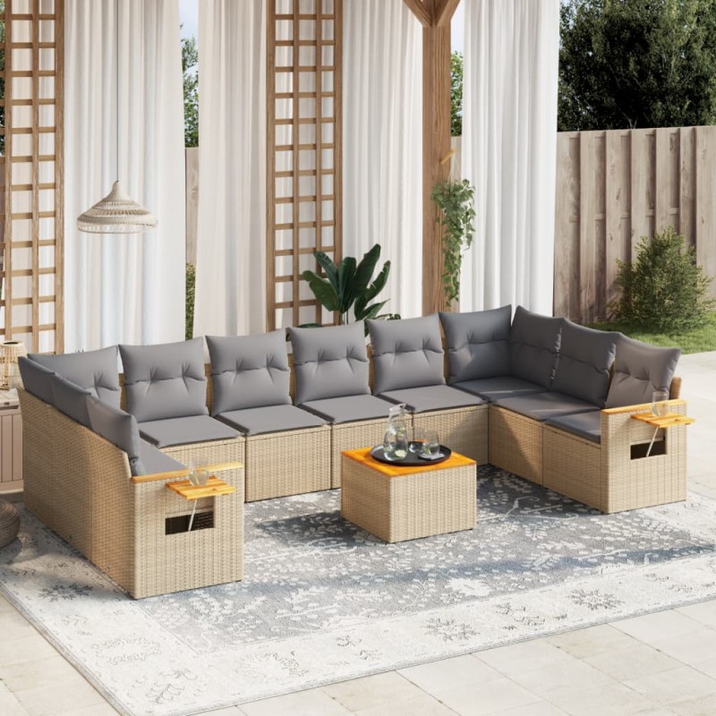 11 pcs conjunto sofás de jardim c/ almofadões vime PE bege-Conjuntos de jardim-Home Retail