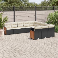 11 pcs conjunto sofás de jardim c/ almofadões vime PE preto