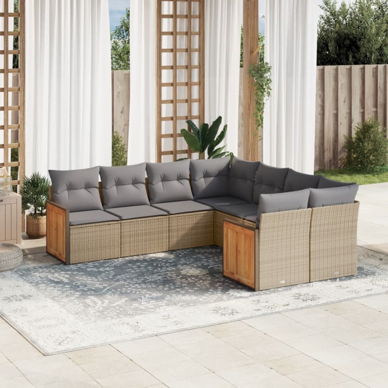 8 pcs conjunto de sofás p/ jardim com almofadões vime PE bege-Conjuntos de jardim-Home Retail