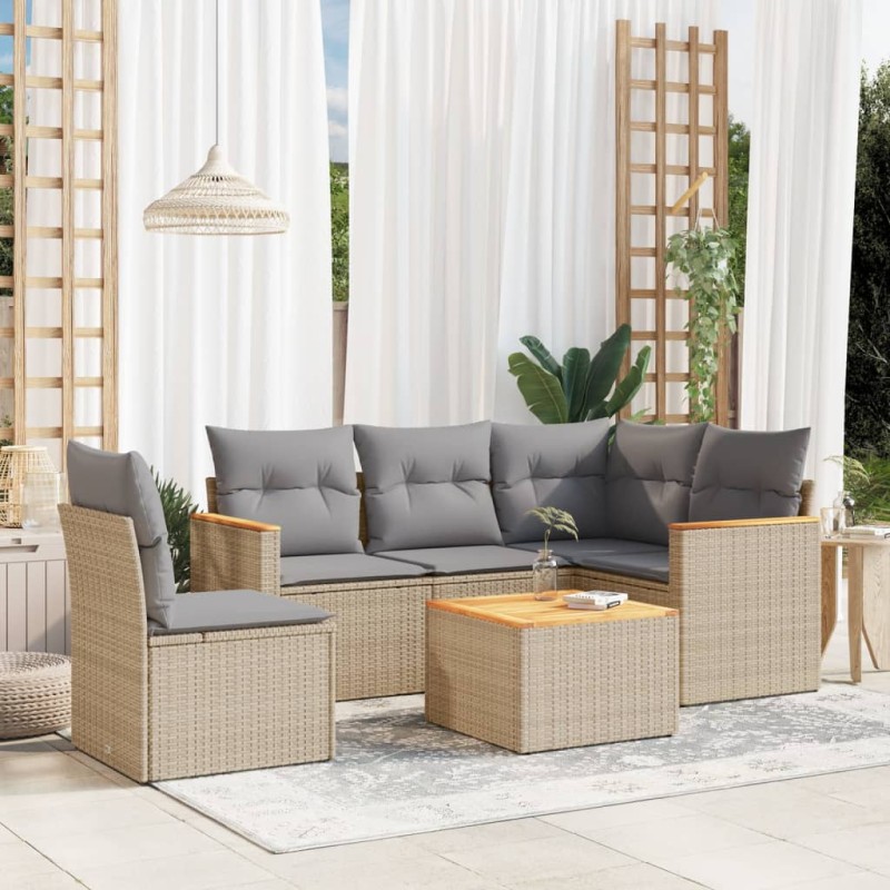 6 pcs conjunto de sofás p/ jardim com almofadões vime PE bege-Conjuntos de jardim-Home Retail