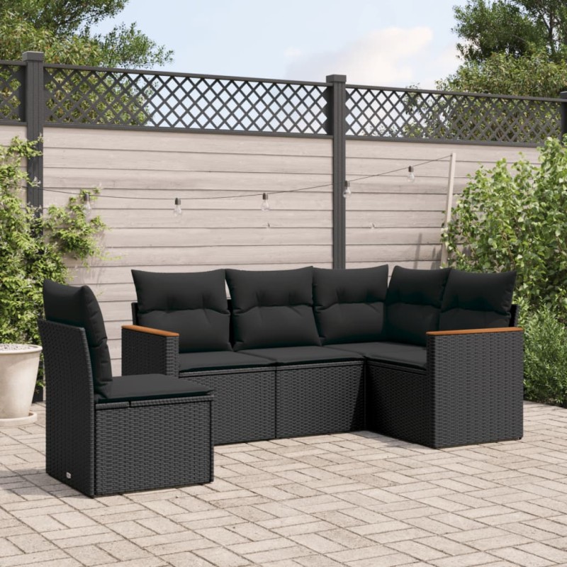 5 pcs conjunto sofás de jardim com almofadões vime PE preto-Conjuntos de jardim-Home Retail