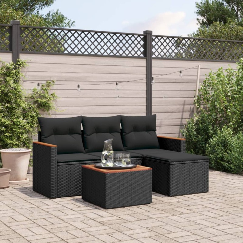 5 pcs conjunto sofás de jardim com almofadões vime PE preto-Conjuntos de jardim-Home Retail