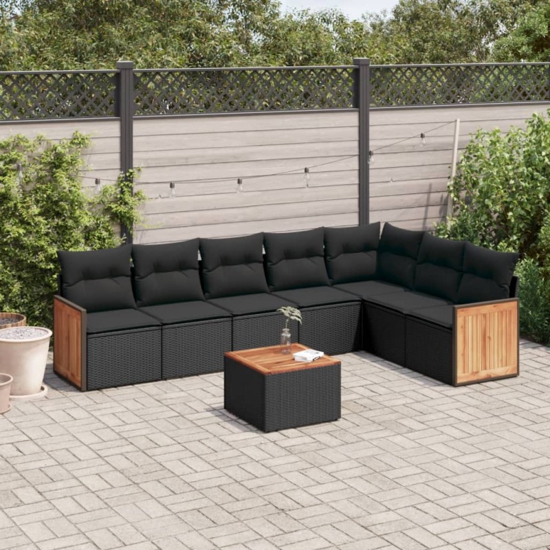 8 pcs conjunto sofás de jardim com almofadões vime PE preto-Conjuntos de jardim-Home Retail