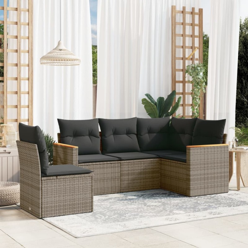 5 pcs conjunto sofás de jardim c/ almofadões vime PE cinzento-Conjuntos de jardim-Home Retail