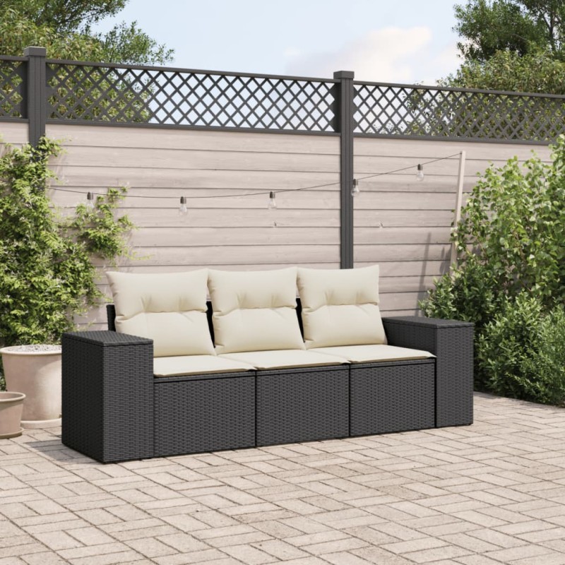 3 pcs conjunto sofás de jardim com almofadões vime PE preto-Conjuntos de jardim-Home Retail